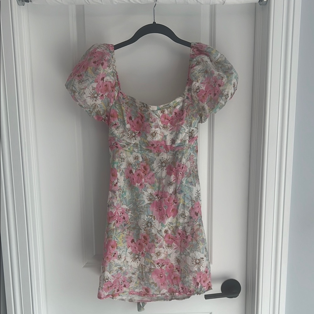 Floral Puff Sleeve Tie Back Mini Dress